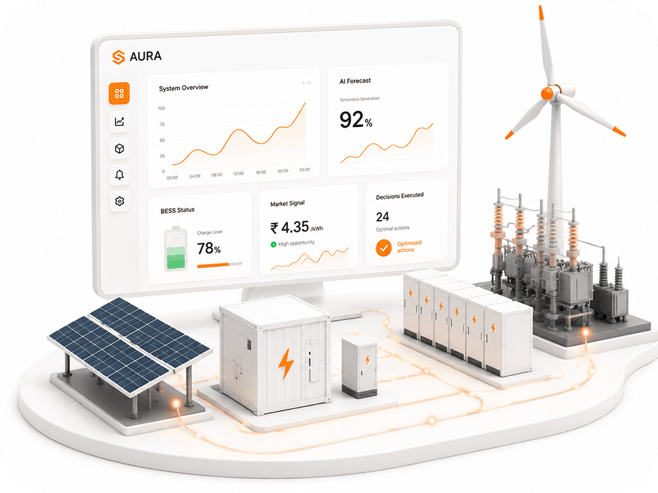 AURA — decision intelligence platform with solar, BESS, wind, and market optimization dashboard