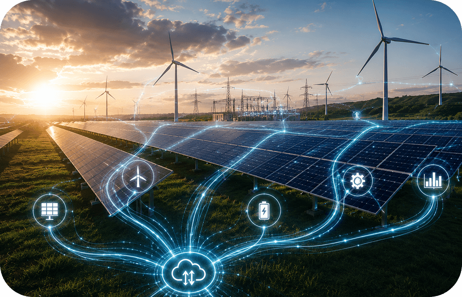Solar and wind farm connected by intelligent energy control