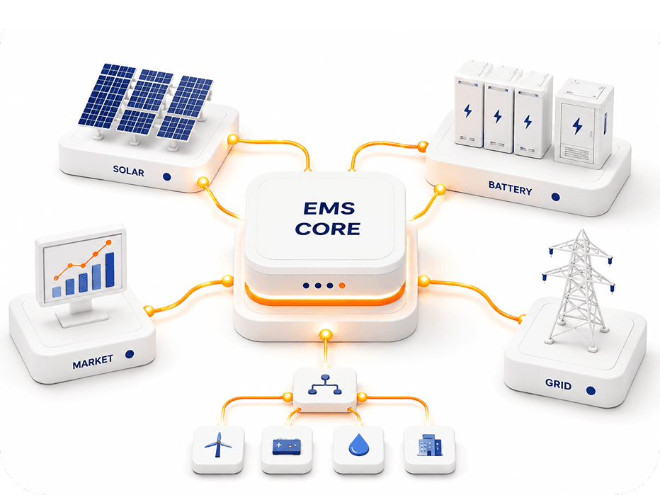 EMS Core — centralized control intelligence connected to solar, battery, grid, market, and hybrid assets