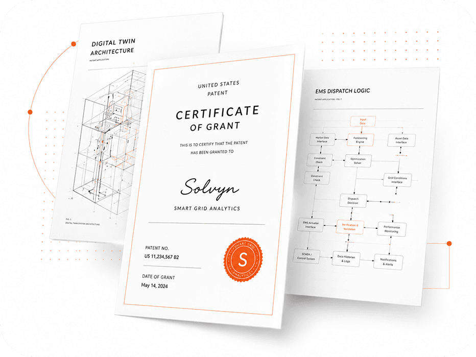 Solvyn IP portfolio — United States patent certificate with digital twin architecture and EMS dispatch logic filings