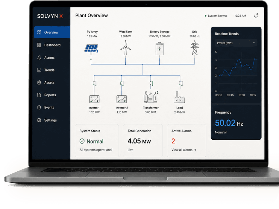 Solvyn X SCADA plant overview dashboard on a laptop